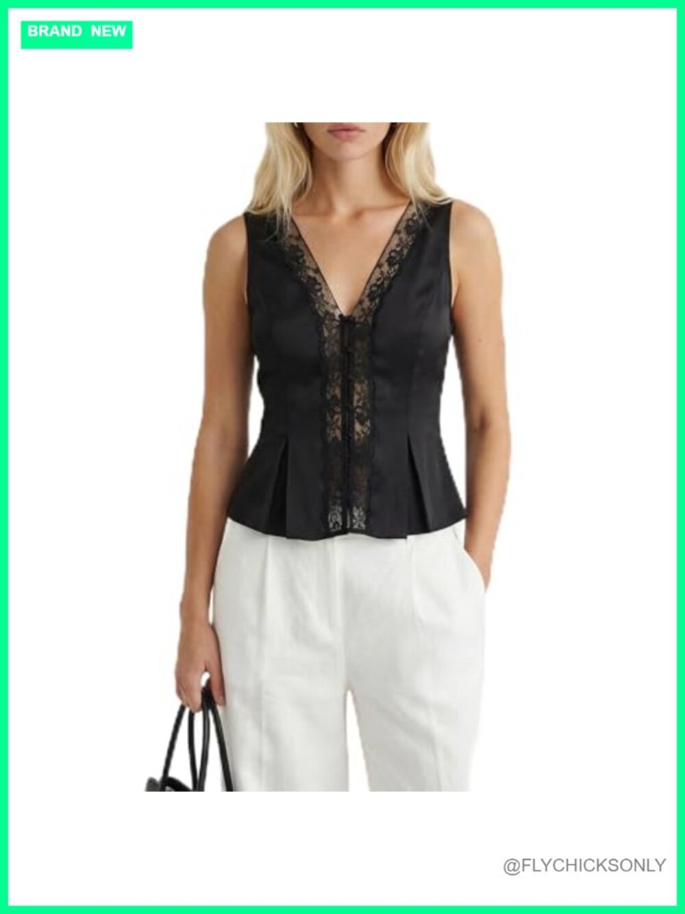 Satin Lace Trim Sleeveless V-Neck Fitted Blouse with Tie Back